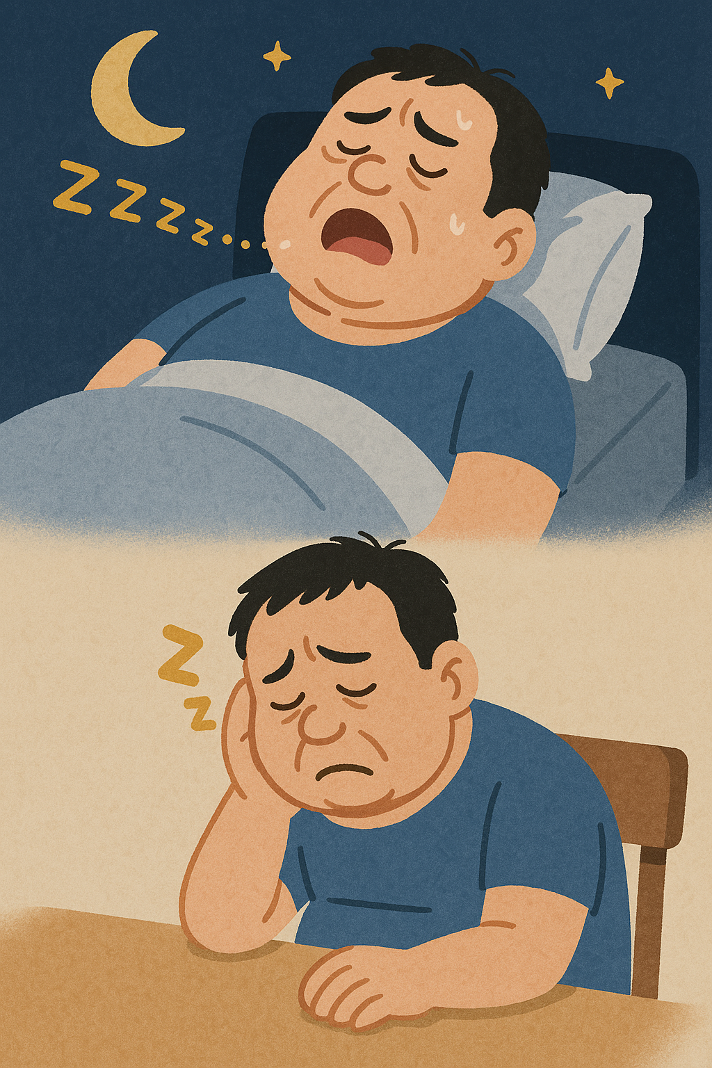 수면무호흡증으로 인해 수면을 충분히 취하지 못하고 일상 생활에 피로감을 크게 느끼는 남성을 그린 일러스트