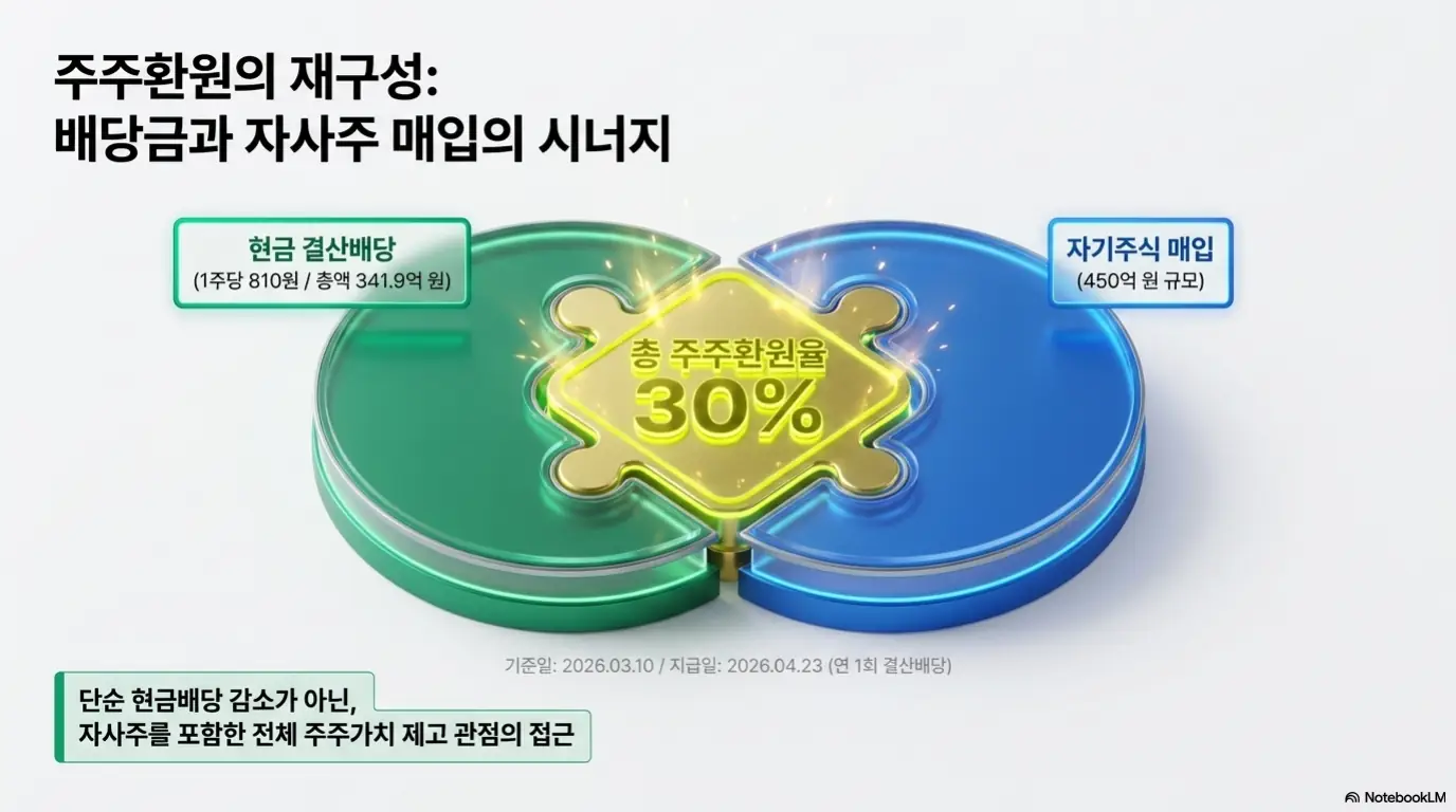 DB하이텍 주가 전망: &amp;#39;배당금과 자사주 매입의 시너지&amp;#39;라는 문구와 현금 결산배당 1주당 810원&amp;#44; 자기주식 매입 450억 원&amp;#44; 총 주주환원율 30%를 나타낸 퍼즐 그래픽이 담긴 이미지. 이 이미지는 DB하이텍이 배당과 자사주 매입을 묶어 주주환원을 관리하는 구조를 시각적으로 전달하며&amp;#44; 블로그의 DB하이텍 주가 전망과 관련된 내용을 설명함 
