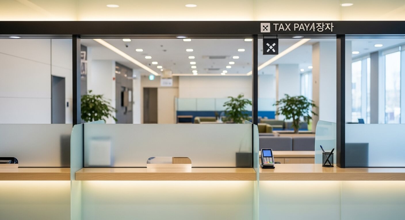 세금 납부 창구 안내판이 보이는 현대식 민원 창구 내부
