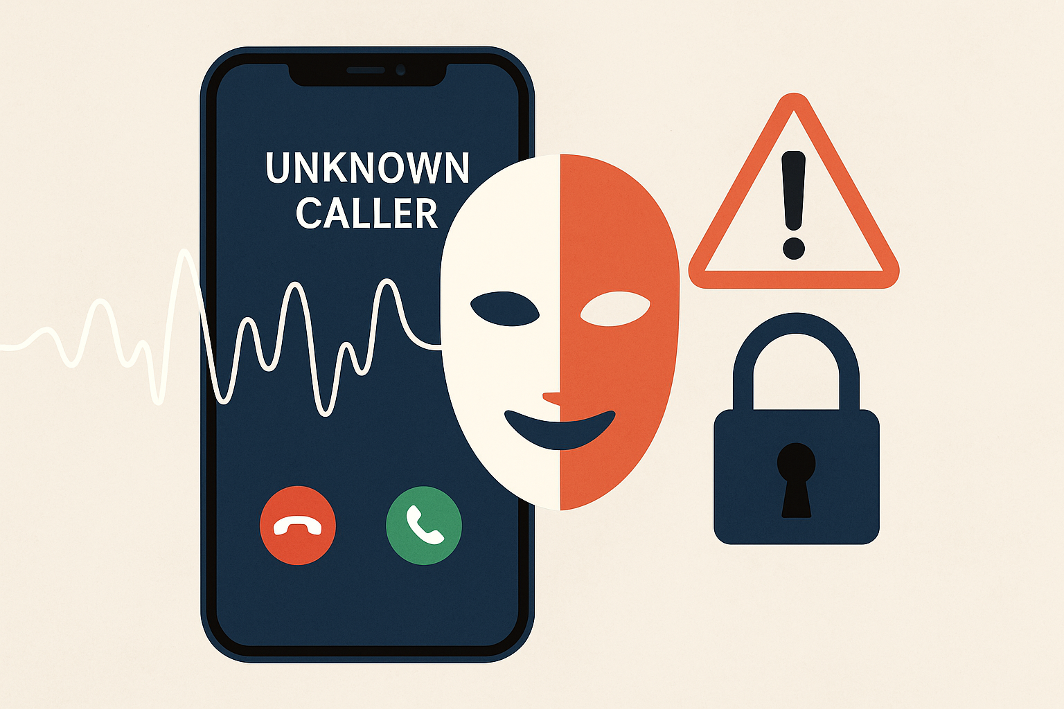 딥페이크&middot;보이스피싱 예방: 모르는 발신자 경고와 가면, 자물쇠 아이콘