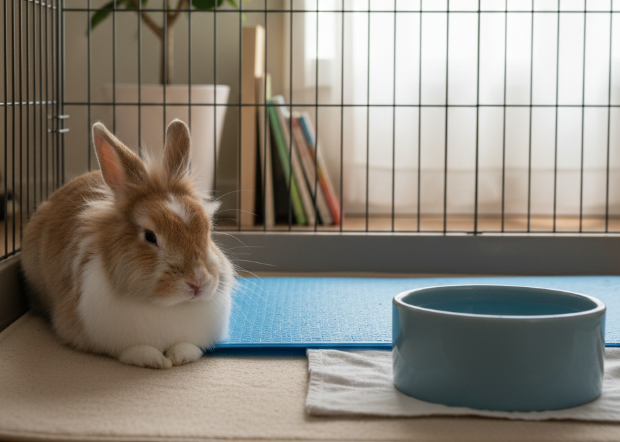 케이지 안, 쿨매트 위에 앉아있는 토끼 이미지