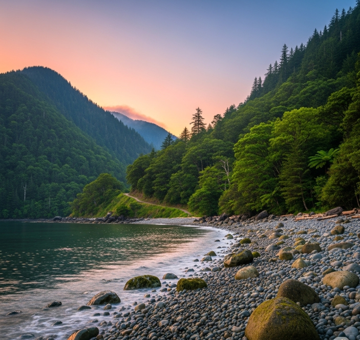 잔잔한 파도가 밀려오는 한적한 바위 해변의 모습. 해변 뒤로는 푸른 산과 나무들이 우거져 있고, 평화로운 분위기가 감돈다