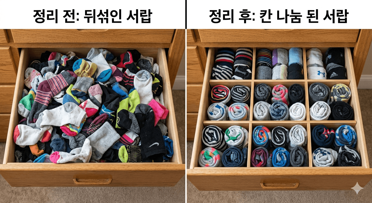 양말이 뒤섞인 서랍과 칸 나눔 후 정리된 서랍 비교 사진