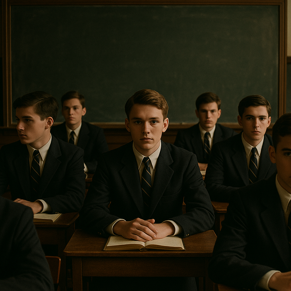 엄격한 교실 안, 모두 똑같은 교복을 입은 남학생들이 책상에 조용히 앉아 있는 사진