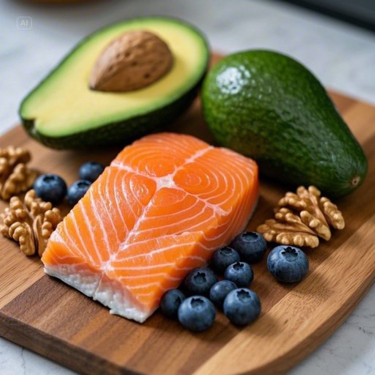 신선한 연어, 호두, 블루베리, 아보카도가 나무 도마 위에 예쁘게 배치된 모습. 자연광이 들어오는 깨끗한 주방 배경에서 뇌 건강에 좋은 다채로운 식재료들이 조화롭게 어우러진 푸드 스타일링 이미지.