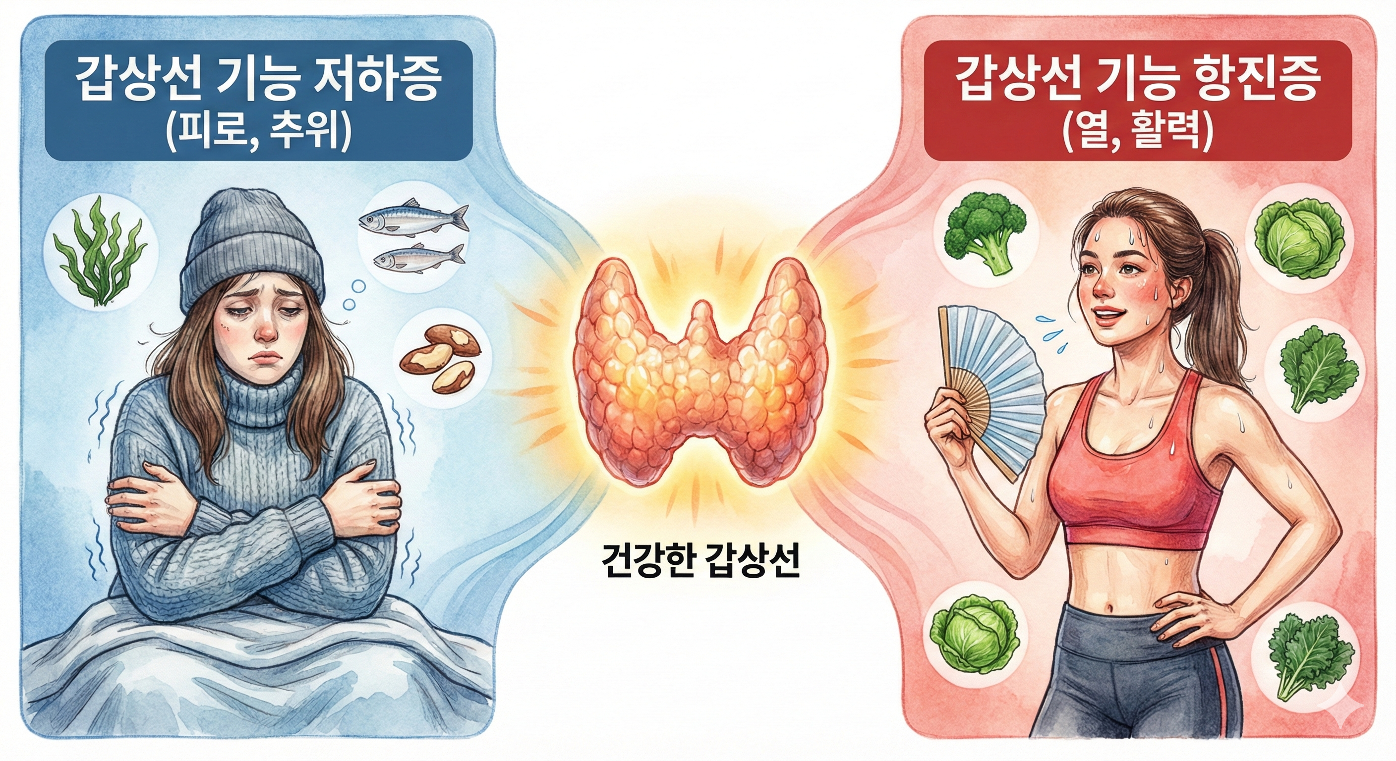 갑상선 기능 저하증 과 갑상선 기능 항진증에 대해 설명하고 있는 이미지