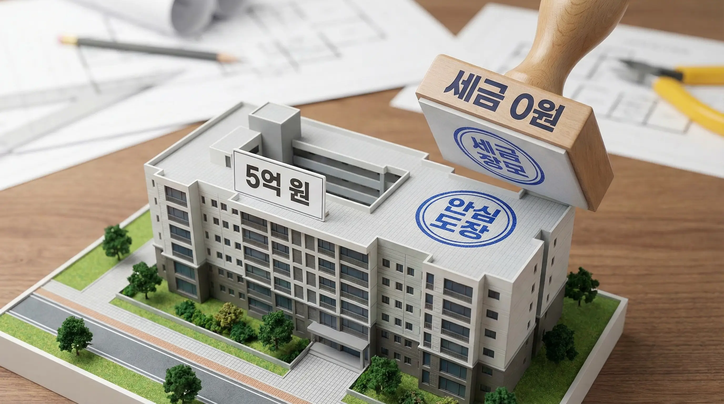 5억 원이라고 적힌 아파트 모형 위에 세금 0원이라는 안심 도장이 찍히는 이미지