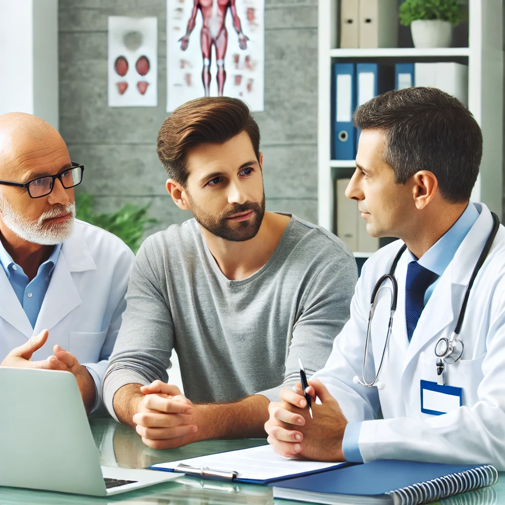 의사들이 진료실에서 모발이식 후 음주 관련 상담을 하는 모습