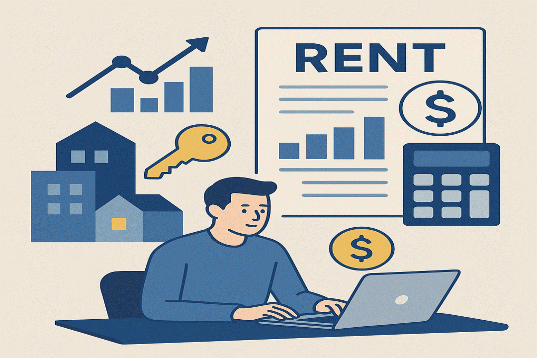 부동산임대소득을 노트북으로 신고하는 청년, 집, 열쇠, RENT서류