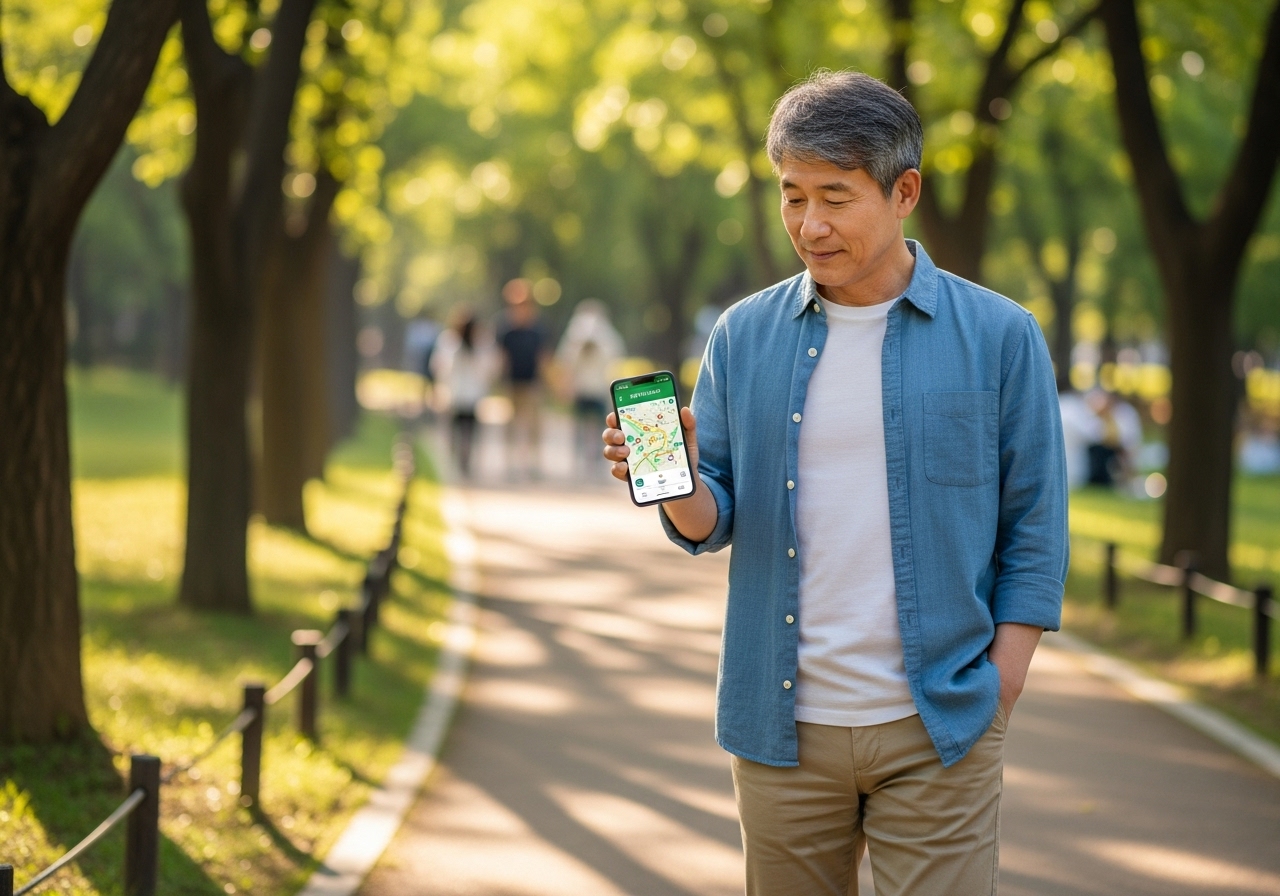 공원에서 스마트폰으로 일정관리 앱 보는 50대 한국인 남자
