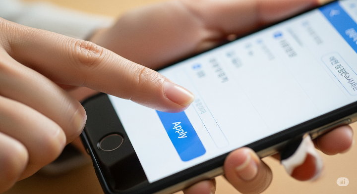 여성의 손이 스마트폰 화면을 터치하여 '신청' 버튼을 누르는 클로즈업 이미지