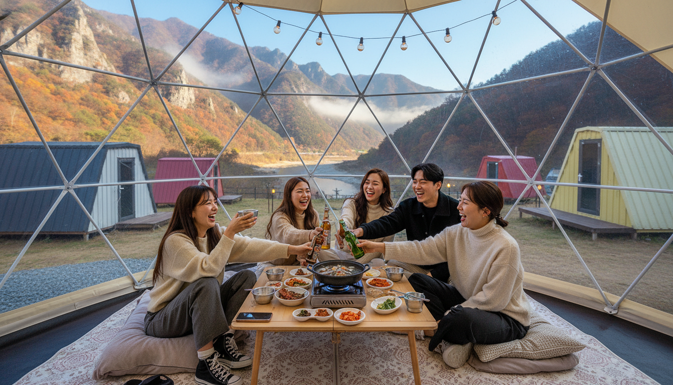 캠핑장 같은 대체 숙소에서 즐거운 시간을 보내는 젊은 한국인 친구들.