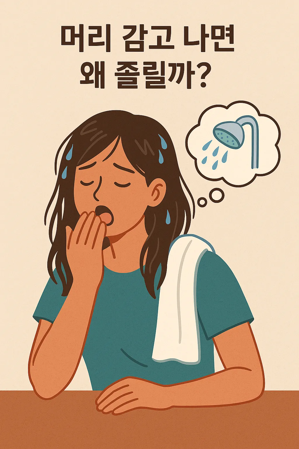 머리를-감은-후-하품하는-여성의-모습으로-졸림-현상을-표현한-일러스트-이미지