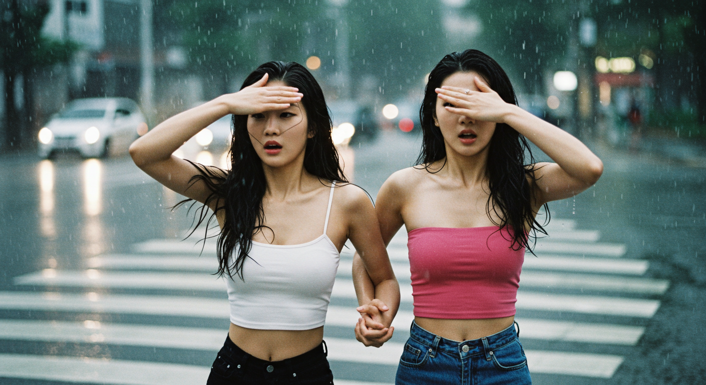 비를 맞고있는 두 여자