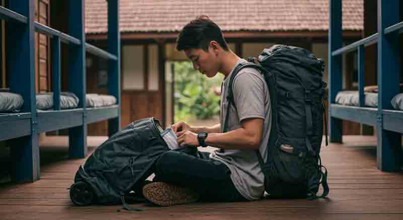 배낭여행하는 젊은이가 짐을 정리하고 있는 사진