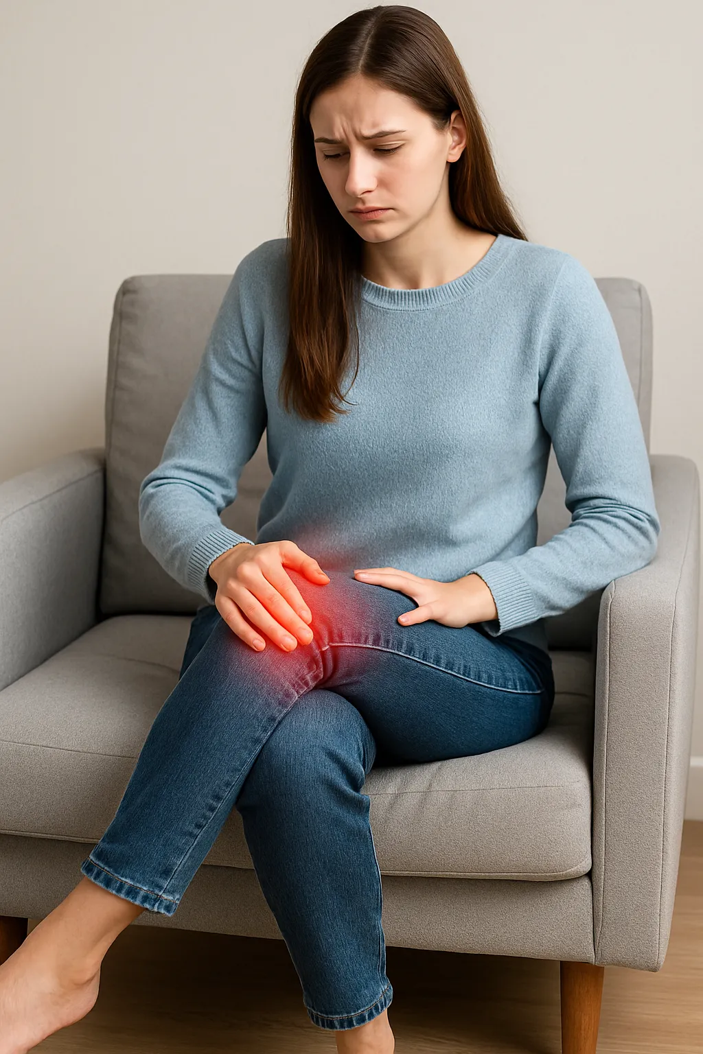 소파에-앉아-다리를-꼬고-있는-여성이-무릎-주변-통증으로-불편한-표정을-짓는-장면으로,-다리-꼬기-자세가-혈액순환과-관절에-미칠-수-있는-부정적-영향을-상징적으로-표현한-이미지