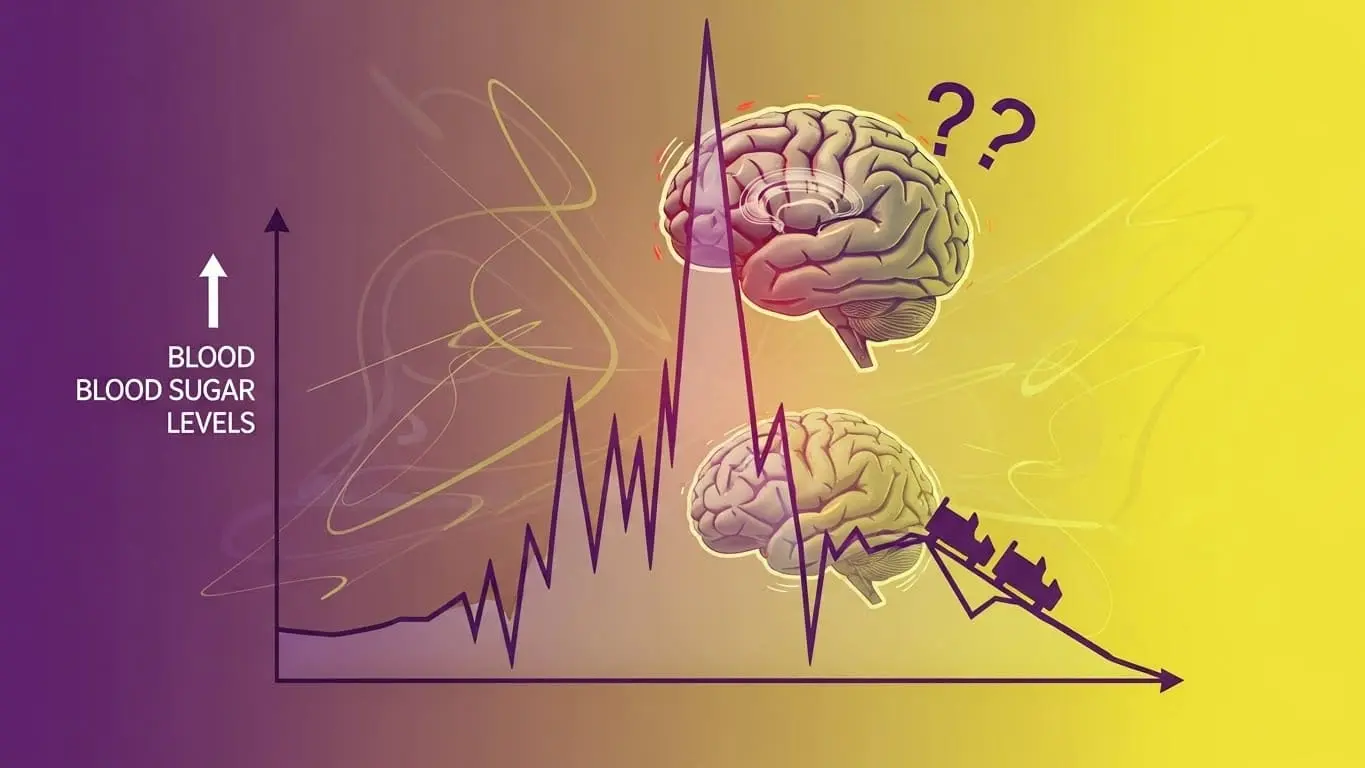 급격히 오르내리는 혈당 그래프와 혼란스러워하는 뇌를 표현한 이미지. 정제 탄수화물이 뇌에 미치는 부정적인 영향을 시각적으로 나타냅니다.