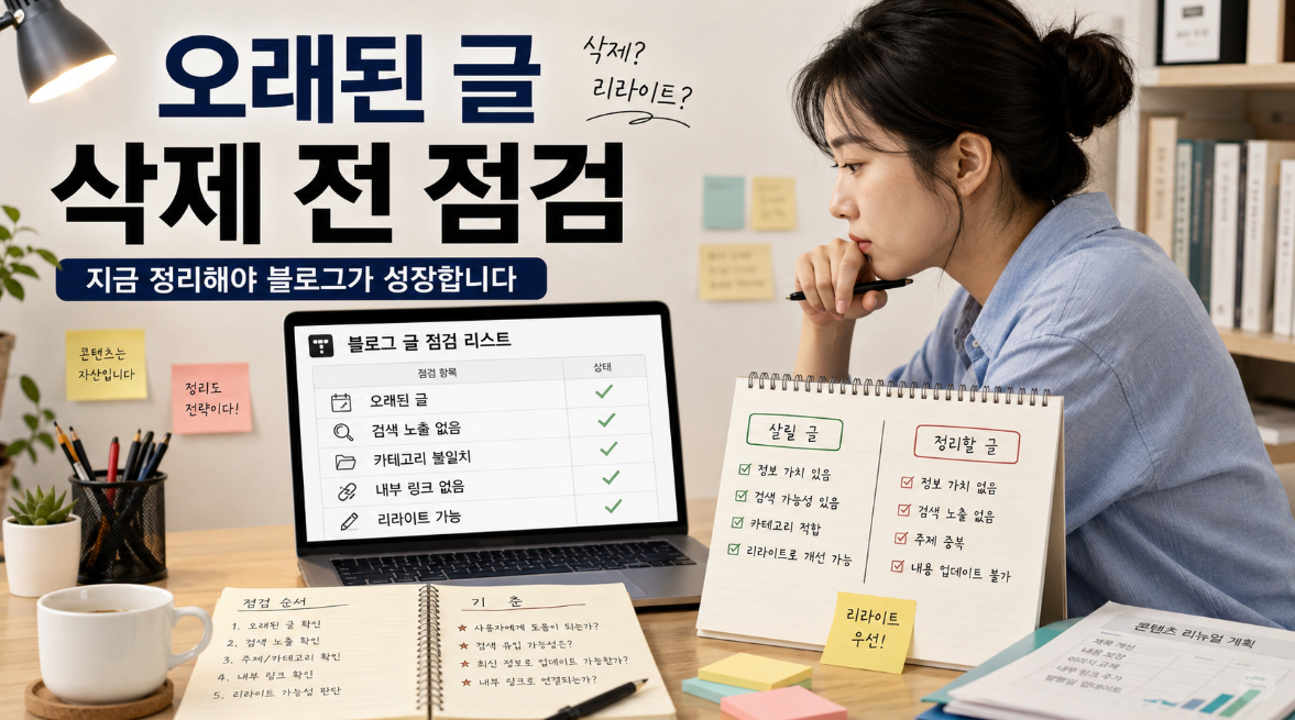 티스토리 블로그에서 오래된 글 목록을 삭제 전 점검하고 리라이트 가능성을 확인하는 상황 이미지