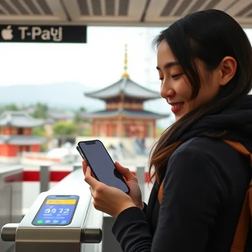 여행객이 아이폰으로 기차역 개찰구를 통과하거나, 관광지 내 상점에서 간편하게 결제하는 모습을 담습니다. 한국의 상징적인 풍경(예: 한옥, N서울타워 등)이 배경에 희미하게 보이도록 연출하여 국내 여행에서의 편리함을 강조합니다.