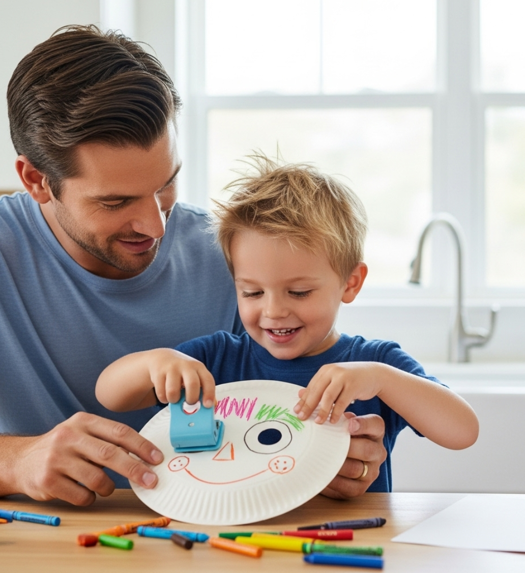 접시에 그림 그려서 아빠랑 가면 만들어서 놀고 있는 모습