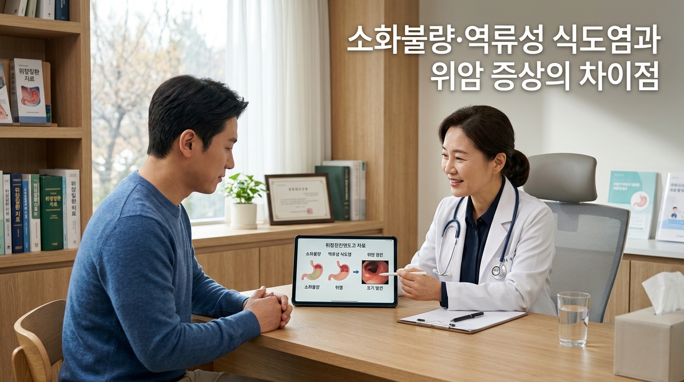 햇살이 은은하게 비치는 아늑하고 신뢰감 주는 진료실에서 의사와 환자가 밝고 차분한 표정으로 소화불량과 위암 증상의 차이점 및 내시경 검사의 중요성에 대해 이야기 나누고 있는 모습. '소화불량·역류성 식도염과 위암 증상의 차이점'이라는 문구가 적혀 있어, 단순 소화기 질환과 위암의 명확한 구별과 조기 진단의 중요성을 시각화함.
