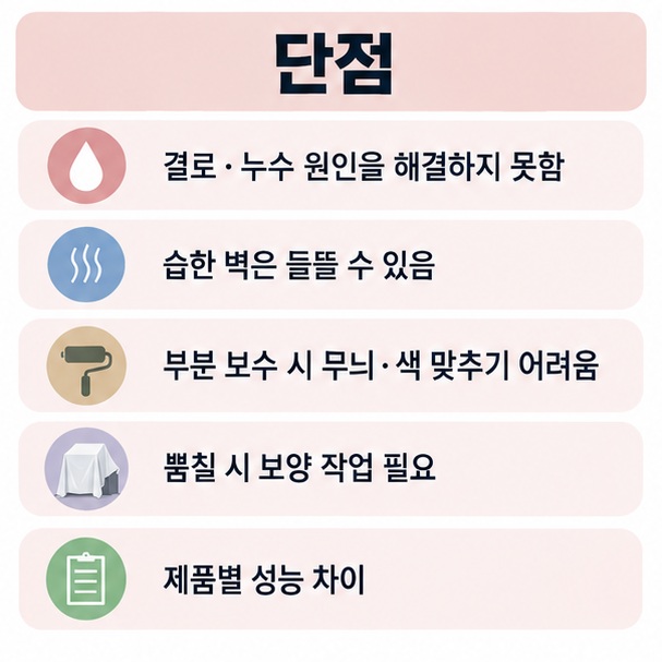 결로 해결 한계 습한 벽 들뜸 부분 보수 어려움 보양 작업 등 탄성코트 단점을 보여주는 이미지