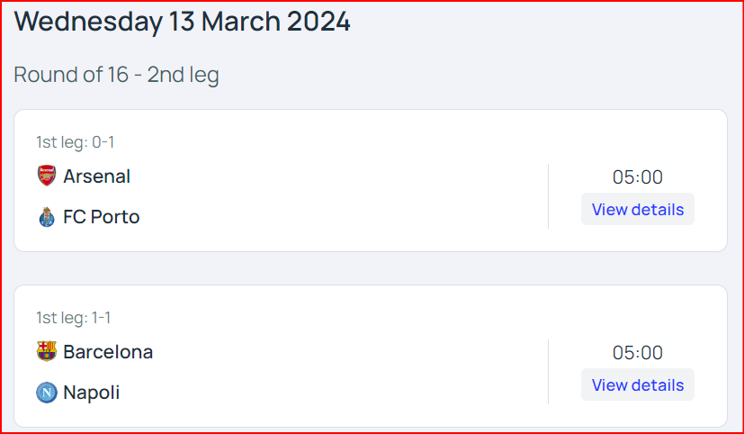 UEFA 챔피언스리그 아스날 대 포르투, FC 바르셀로나 대 나폴리 16강 2차전