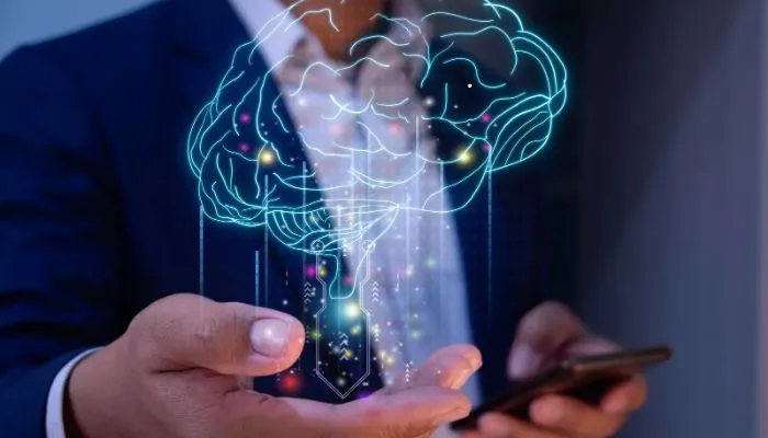 디지털 회로로 표현된 뇌와 연결된 아이콘이 학습과 기억 확장을 나타내는 일러스트