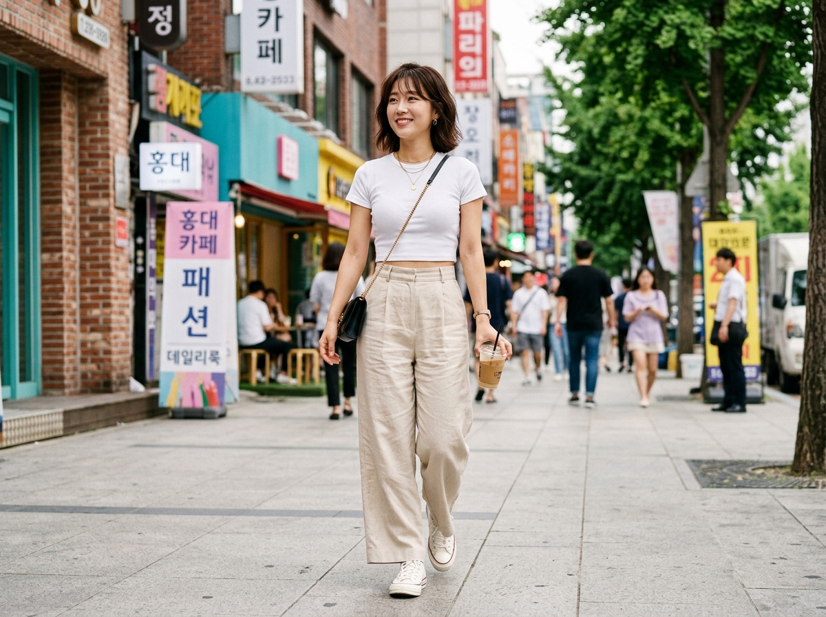 키 작은 체형을 위한 크롭 탑 + 와이드 팬츠 코디