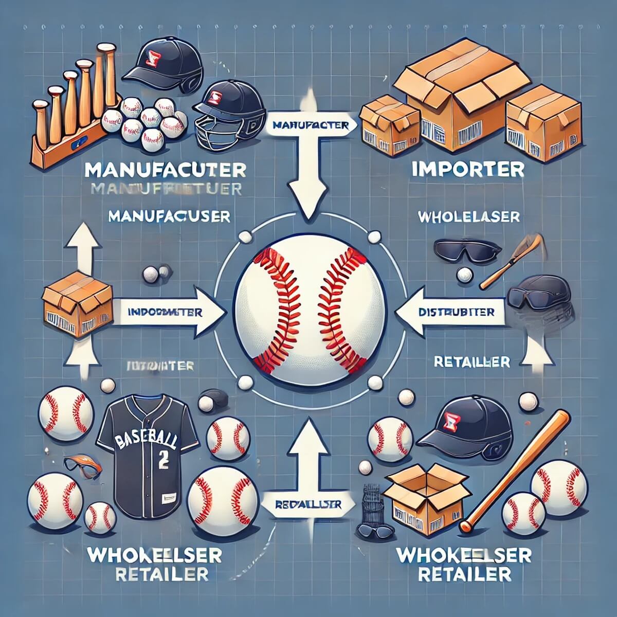 야구장비의 수입품 유통 라인을 보여주는 4단계 인포그래픽
