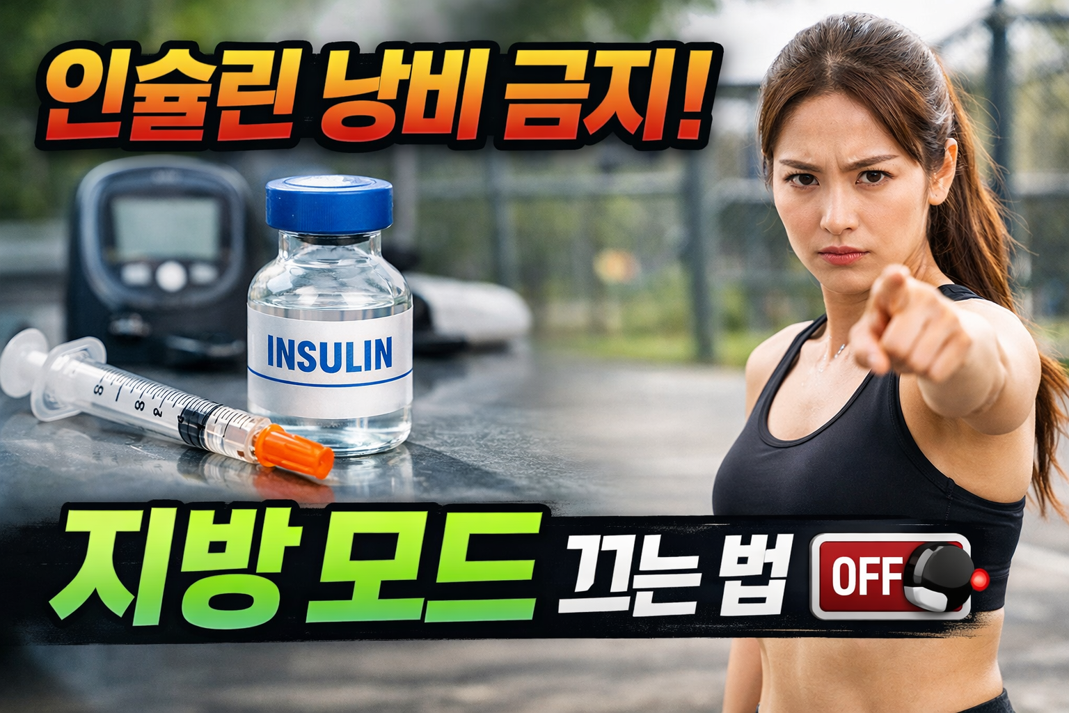 식후 인슐린 상승과 지방 연소 OFF 상태를 경고하는 썸네일 이미지, 인슐린 주사와 운동하는 여성이 함께 표현된 실사 이미지