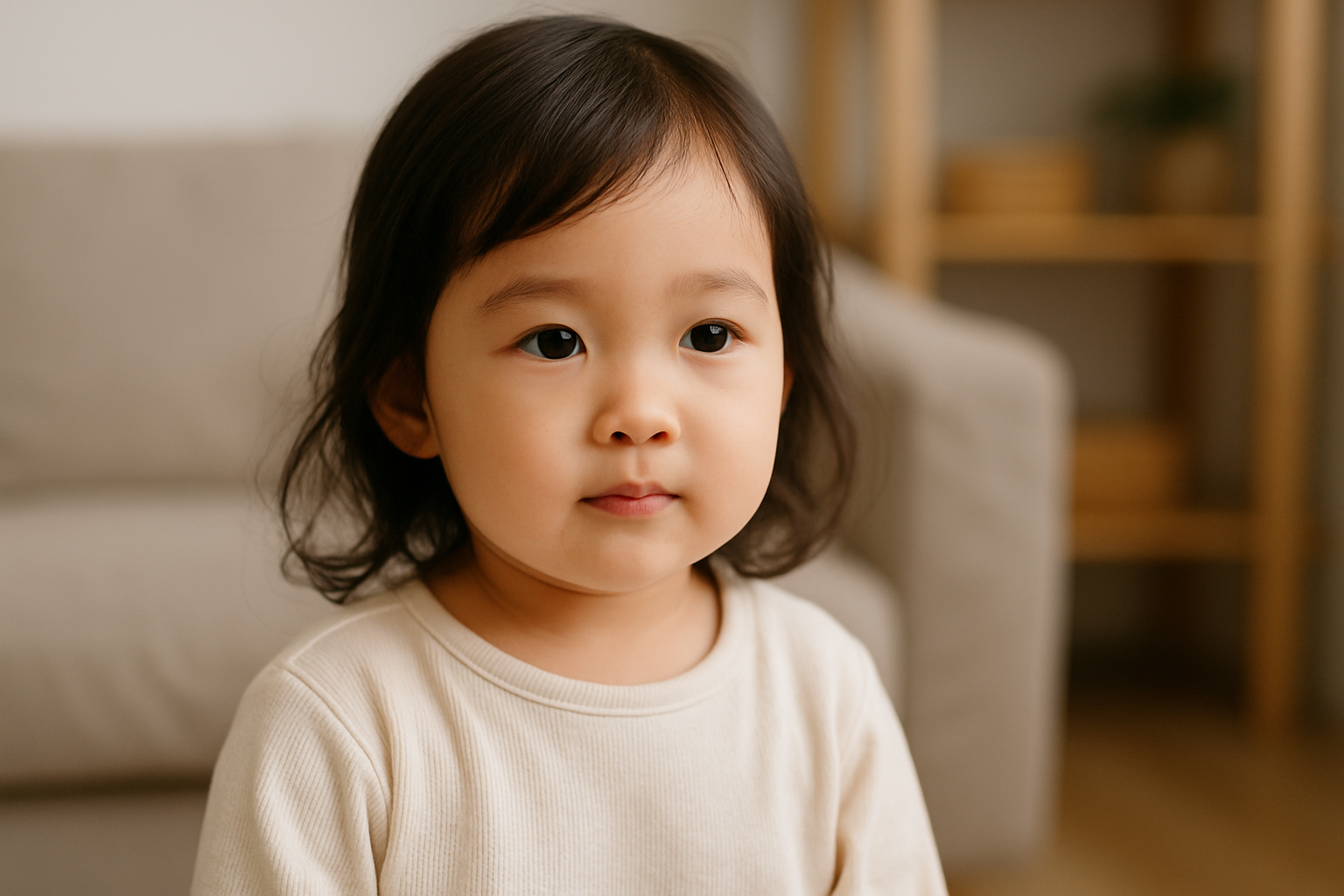 3~4세 여자아이가 집안에서 따뜻한 표정으로 앉아 있는 모습