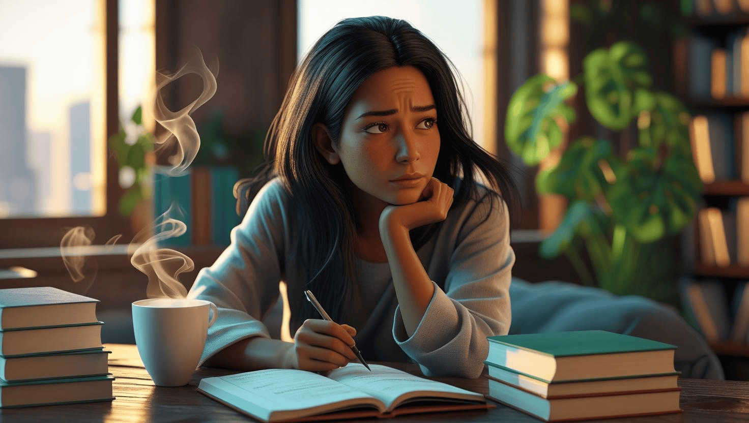 지친 표정의 현대인이 조용한 실내에서 자기 감정 체크리스트를 들여다보는 모습.