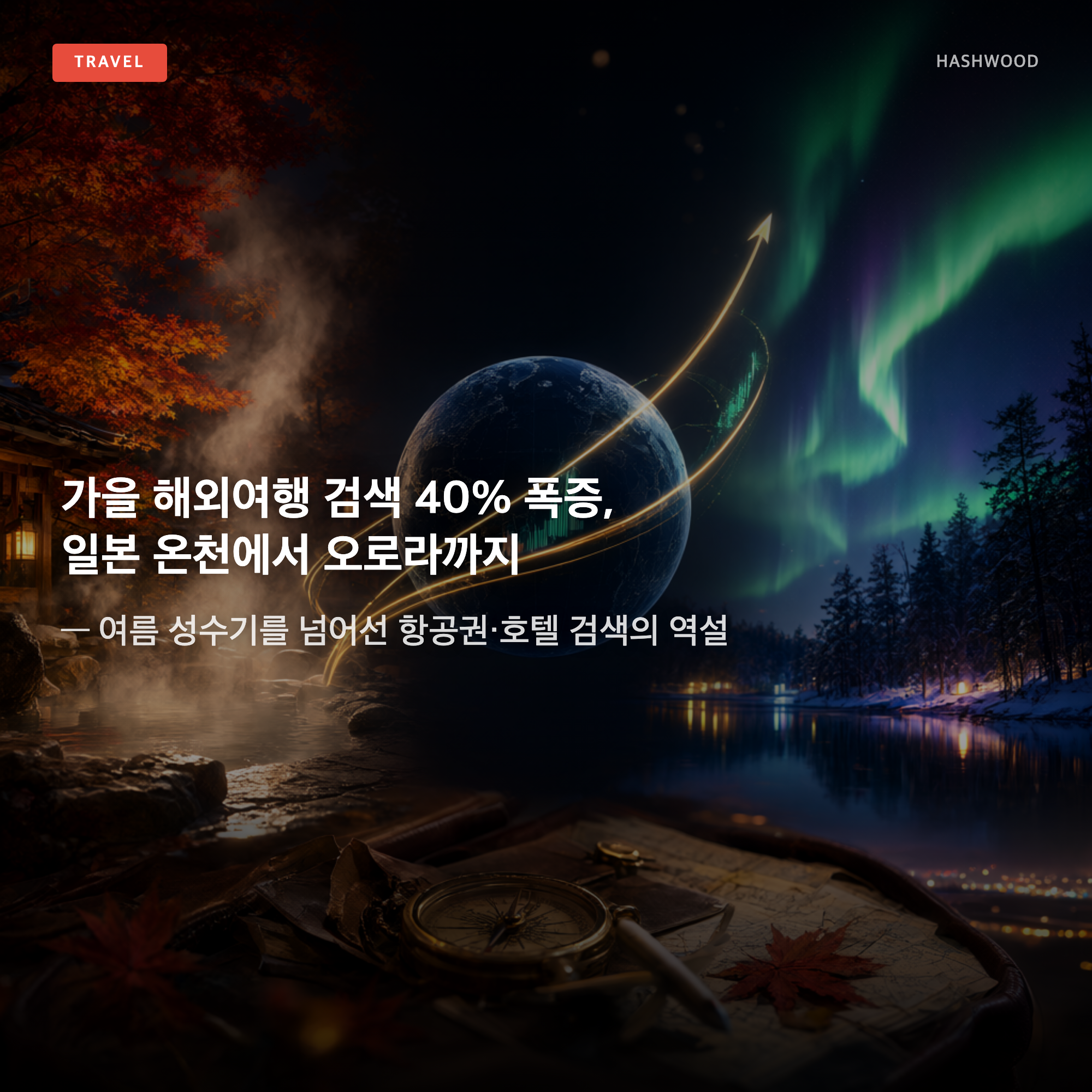 그림: 가을 해외여행 검색 40% 폭증, 일본 온천에서 오로라까지 — — 여름 성수기를 넘어선 항공권·호텔 검색의 역설