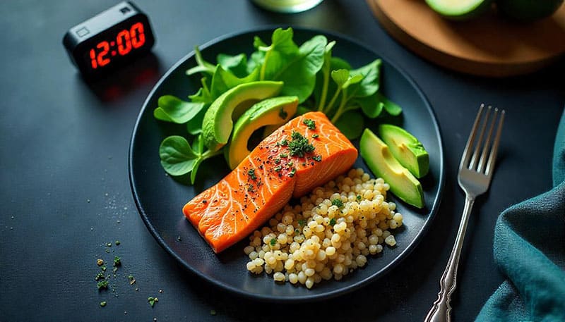 녹황색 채소와 구운 연어, 퀴노아, 아보카도가 놓인 이미지.