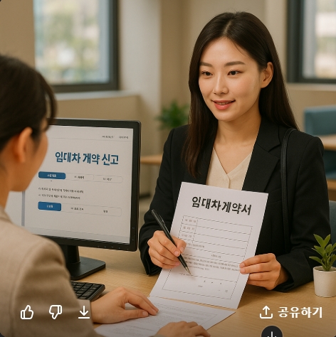 주민센터에서 임대차 계약 신고하는 젊은 여자 직장인