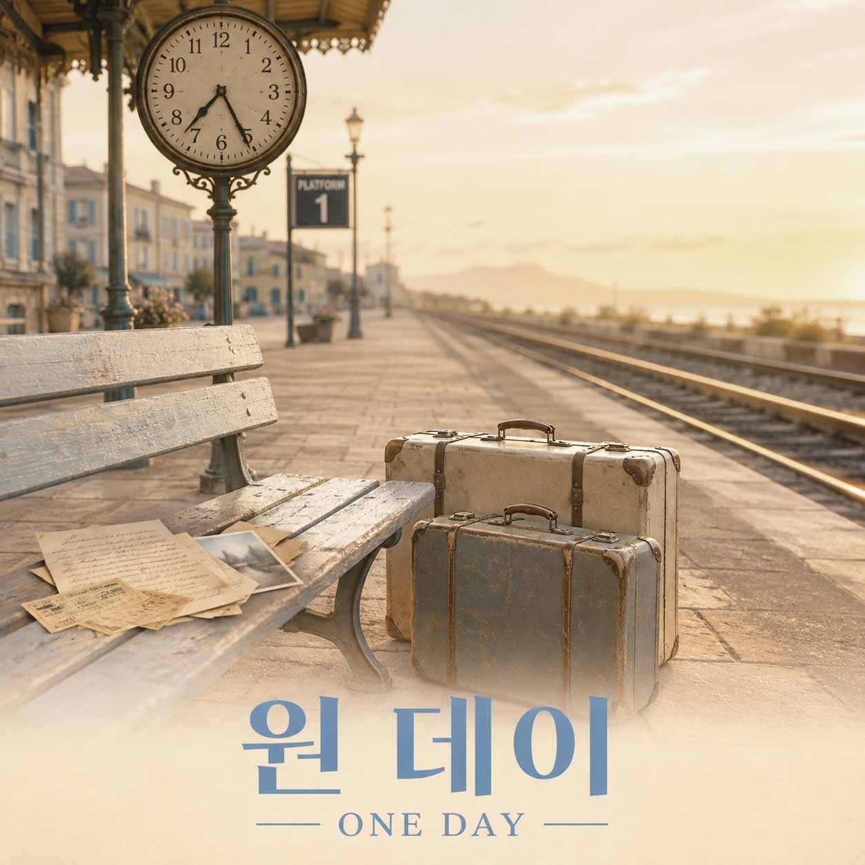 영화 원 데이를 표현한 따뜻한 햇살이 비치는 기차역과 오래된 시계, 빈 벤치 위 편지와 사진, 나란히 놓인 두 개의 여행 가방 이미지