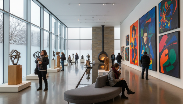 겨울 햇살이 비추는 현대미술 박물관 실내 전경, 관람객들이 따뜻한 분위기 속에서 작품을 감상하고 있다.