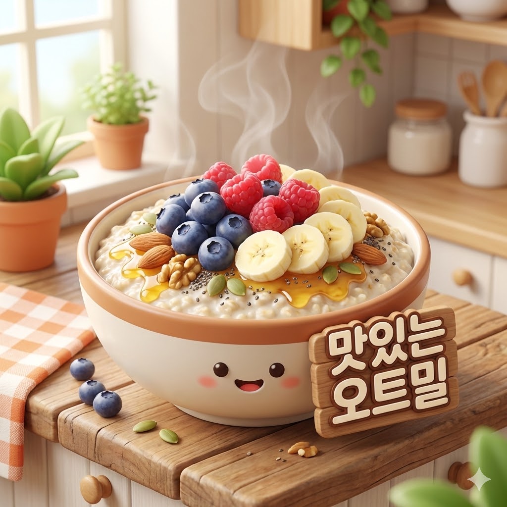 신선한 과일과 견과류, 꿀이 듬뿍 올려진 먹음직스러운 오트밀 한 그릇. 건강하고 맛있는 아침 식사를 연상시키는 이미지.