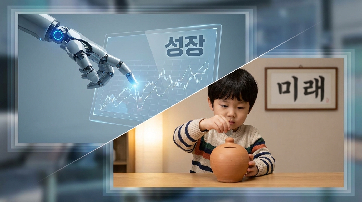 토스증권의 API 자동 매매와 미성년자 경제 교육 기능을 상징하는 복합적 이미지