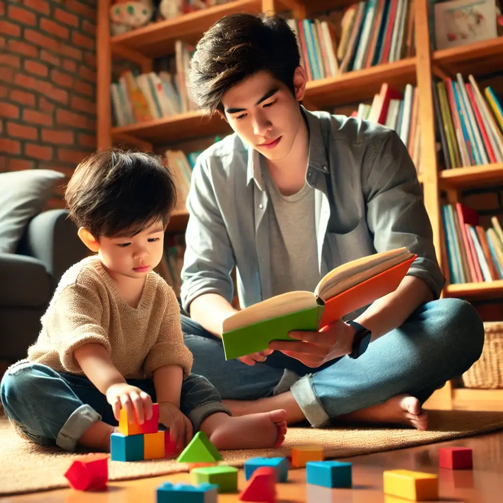 남자 아이가 블록놀이를 하고 아빠가 옆에서 책을 읽어 주는 모습