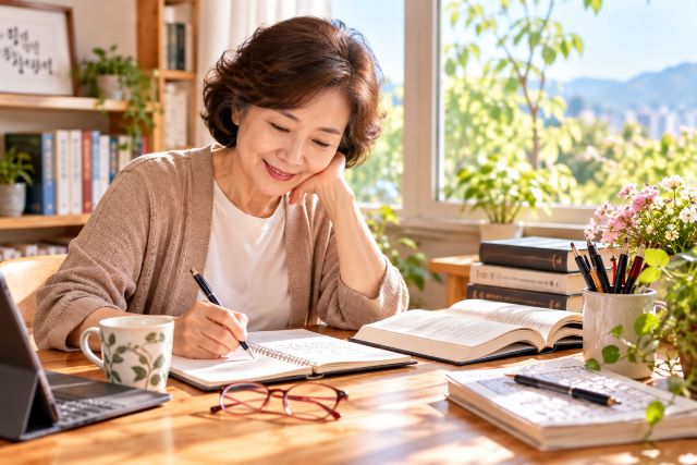 생각을 정리하며 메모를 적고 있는 중년의 일상 모습