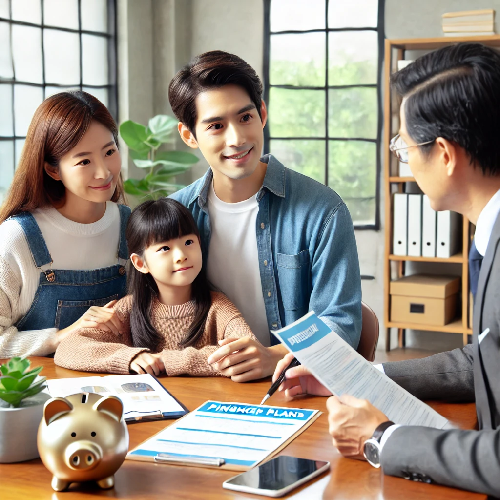 사무실에서 재정 상담가와 만나 연금 계획과 재정 안정성을 논의하는 한국 가족.