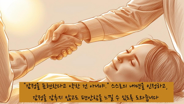 &ldquo;감정을 표현한다고 약한 건 아니야.&rdquo; 스스로의 내면을 인정하고, 감정을 감추지 않고도 편안함을 느낄 수 있도록 도와줍니다에 관한 그림