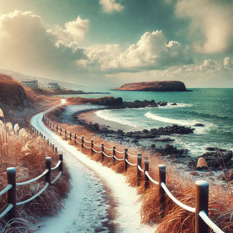 A scenic winter trekking trail along the coastline of Jeju Island, 제주도 겨울 둘레길