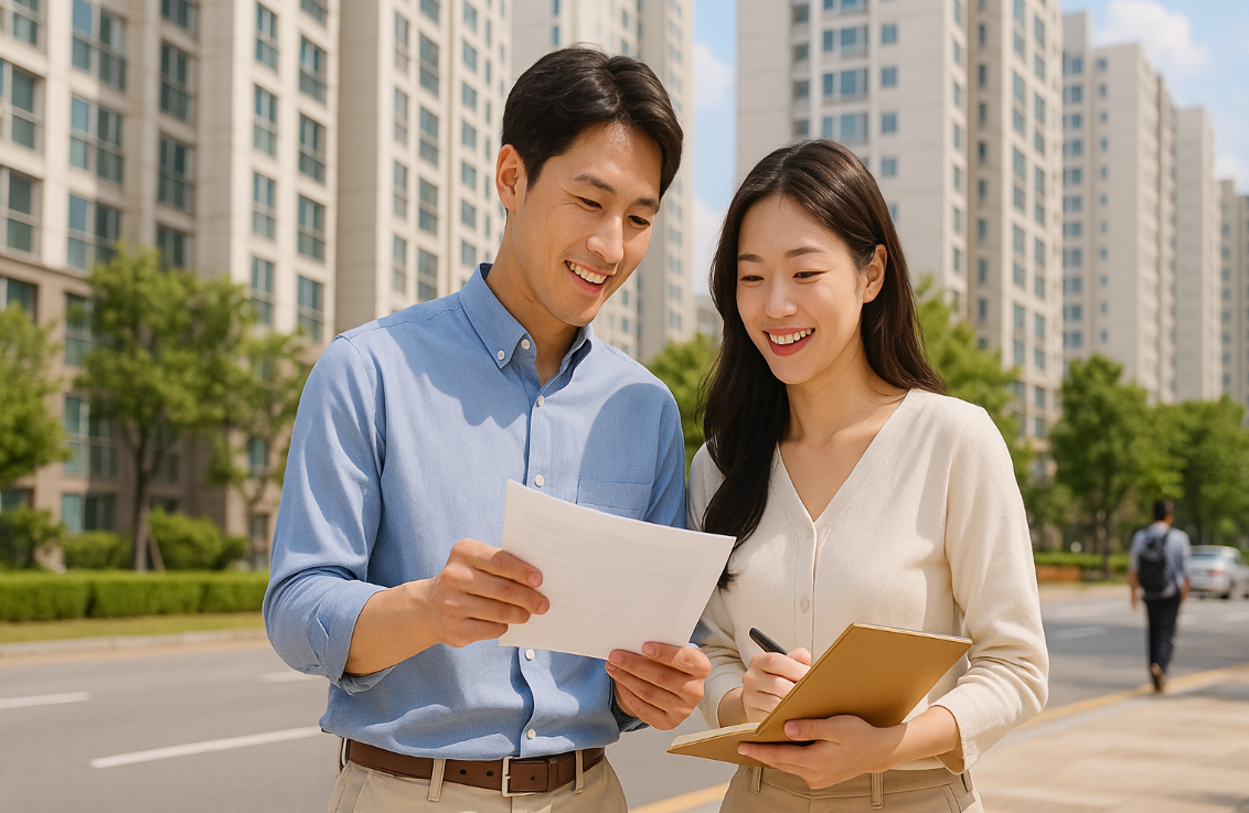 아파트 단지 앞에서 대출을 비교하고 있는 젊은 부부의 모습