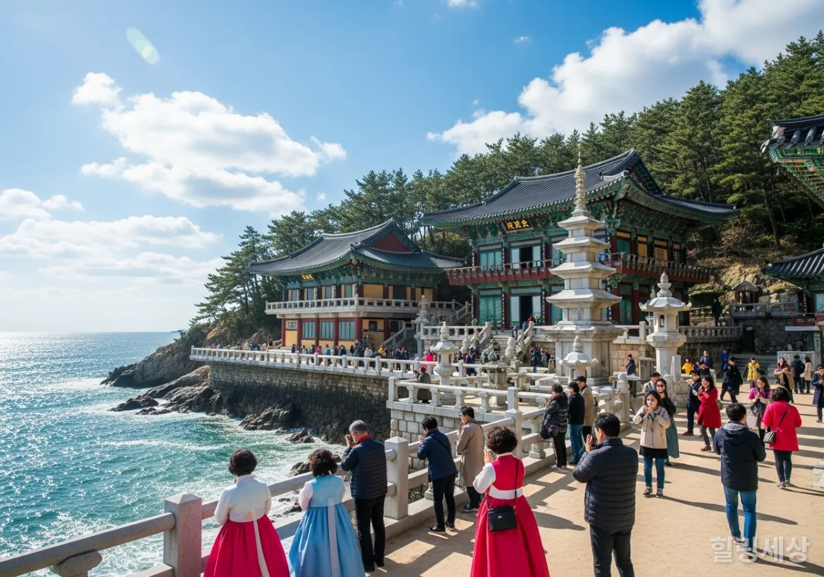 부산 해동용궁사 전경과 소원을 비는 사람들
