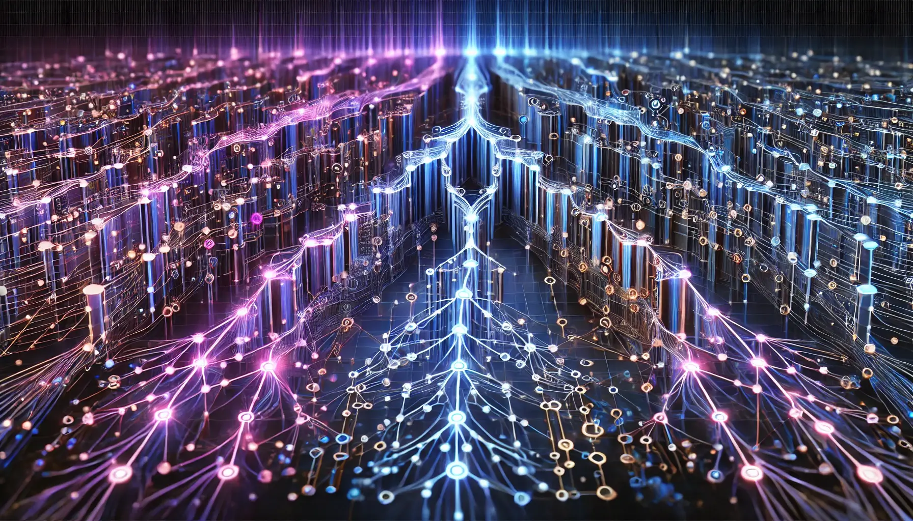 프로세스의 계층과 복잡성을 보여주는 "딥 러닝"을 보여주는 이미지입니다