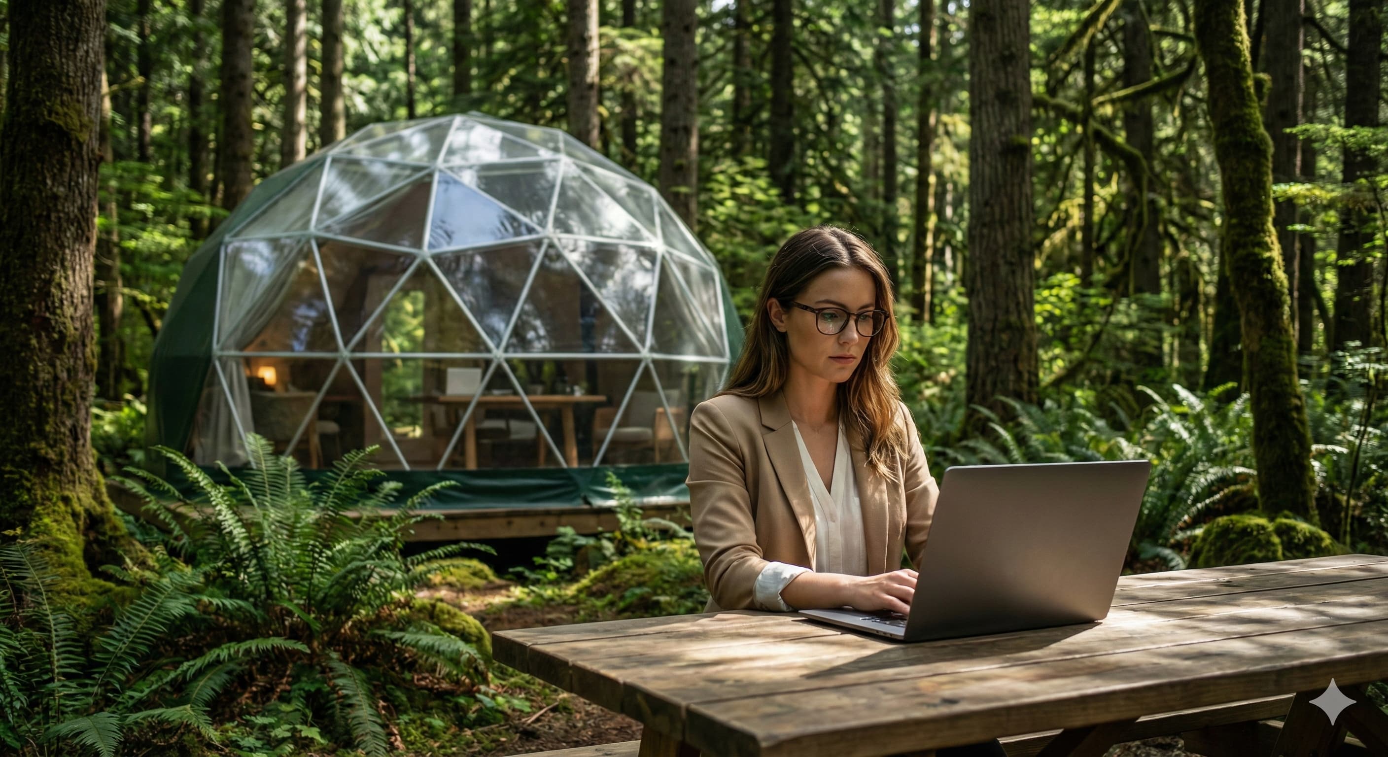 숲속의 고요한 글램핑 오피스에서 진지하게 업무에 집중하고 있는 여성, 디지털 노마드의 현실적인 업무 환경