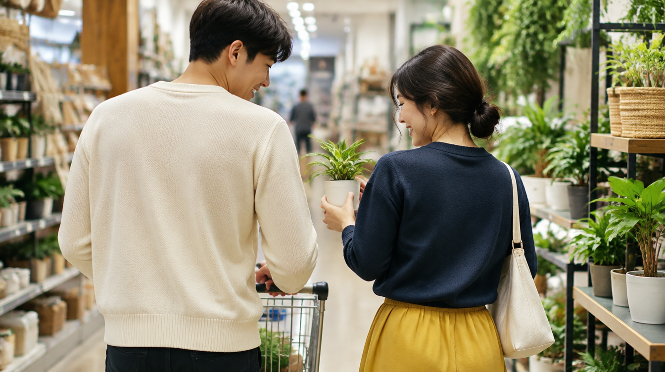 결혼 결정 심리에서 미래를 함께 그리는 커플이 마트에서 화분을 고르는 모습